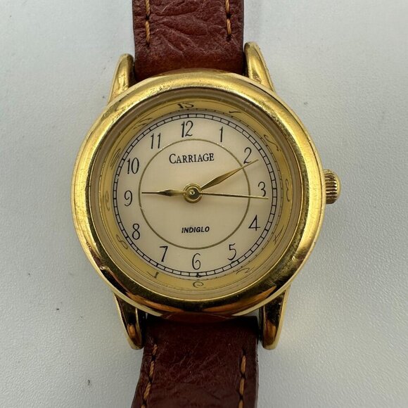 3/$30 Carriage Watch Women Gold Tone Indiglo Backlight Dial Leather Band - Picture 1 of 13